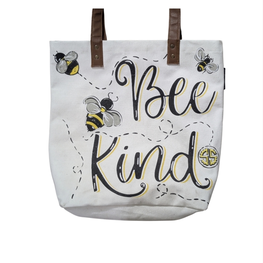 Bee Kind White and Brown Tote Bag - Picture 3 of 7